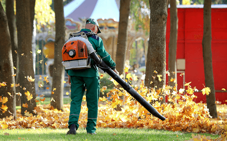 Working in the Park removes autumn leaves with a blower