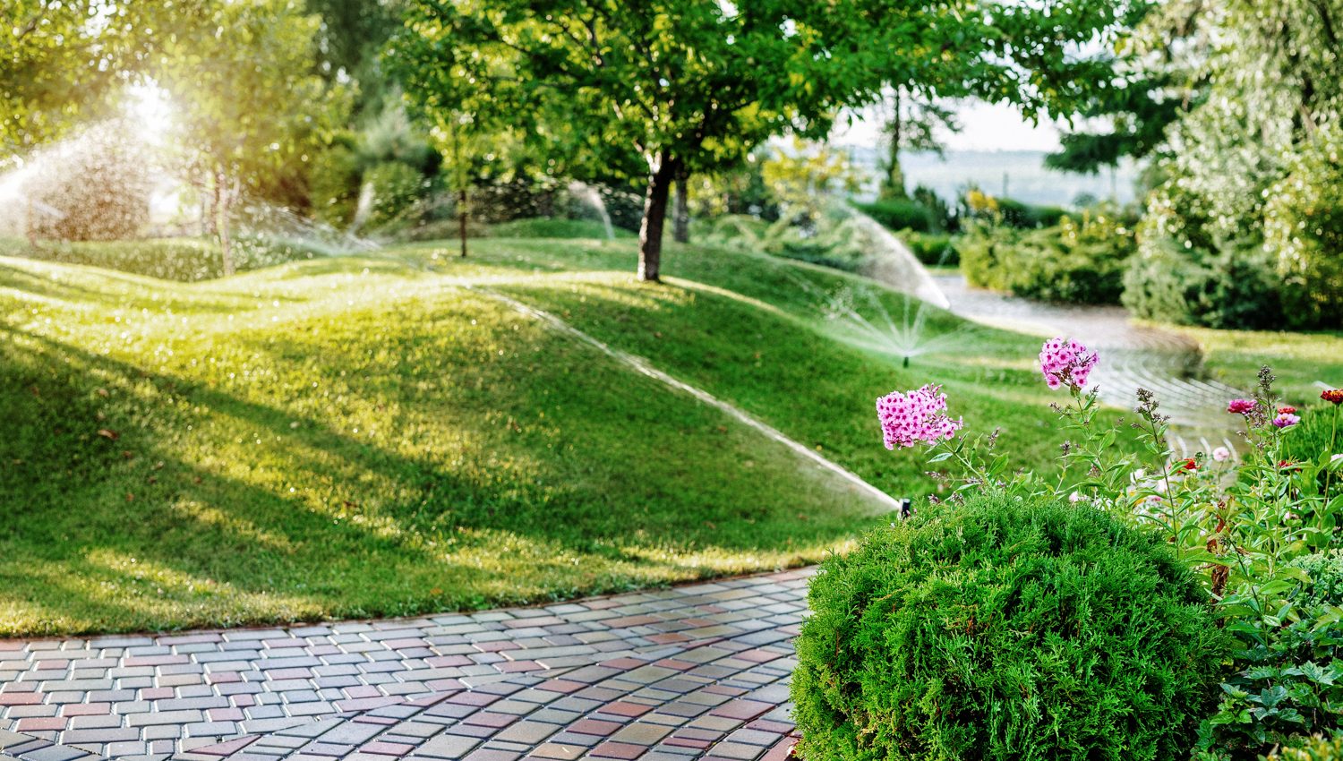 Automatic garden watering system with different sprinklers installed under turf. Landscape design with lawn hills and fruit garden irrigated with smart autonomous sprayers at sunset evening time.